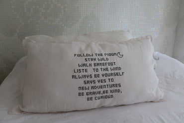 White linnen pillow (+ inner) with black embroidered letters 90 x 50 centimeter no.13