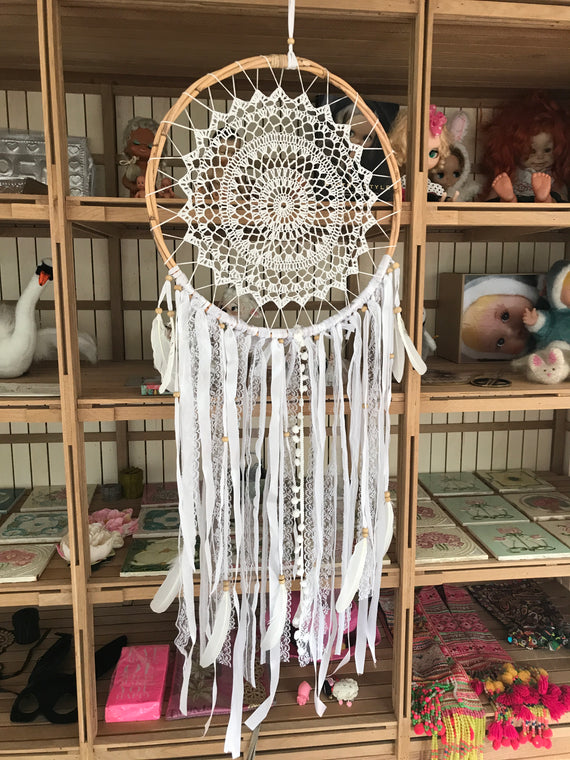 Dream catcher white with laces and ribbons hand made  52cm