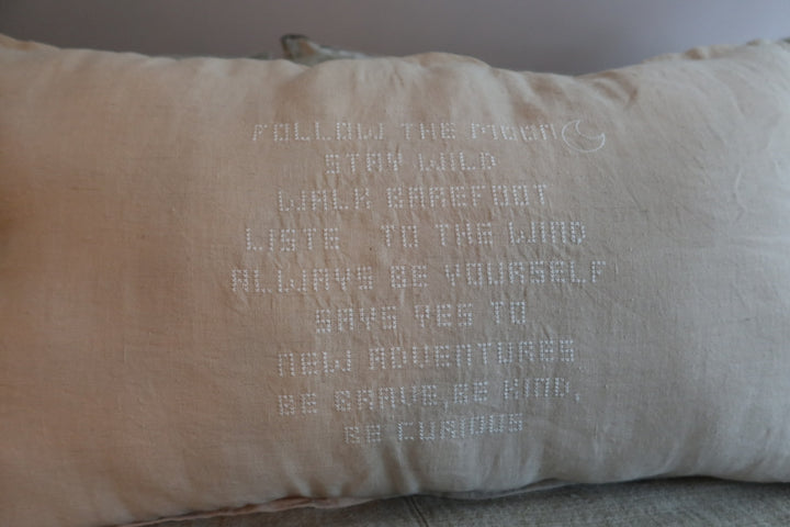 Natural linnen pillow (+ inner) with off white embroidered letters 90 x 50 centimeter no.13