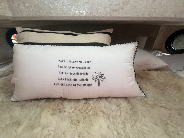 White linnen pillow (+ inner) with black embroidered letters 90 x 50 centimeter no.11