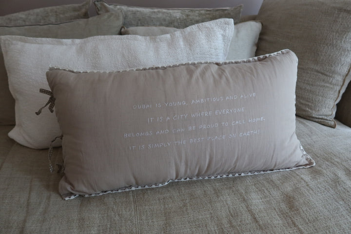 Natural linnen pillow (+ inner) with off white embroidered letters 90 x 50 cm no.12