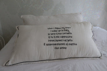 White linnen pillow (+ inner) with black embroidered letters 90 x 50 cm no.8