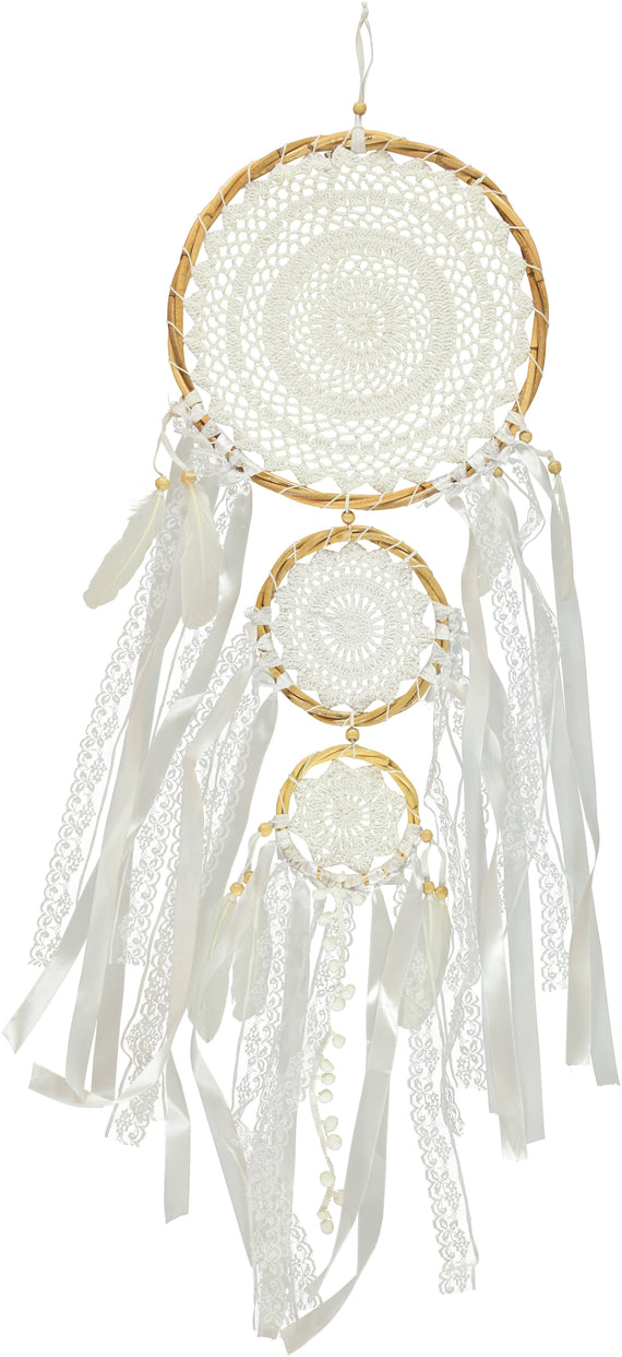 Dream catcher big trio white handmade with ribbons and laces and pompoms 42 cm
